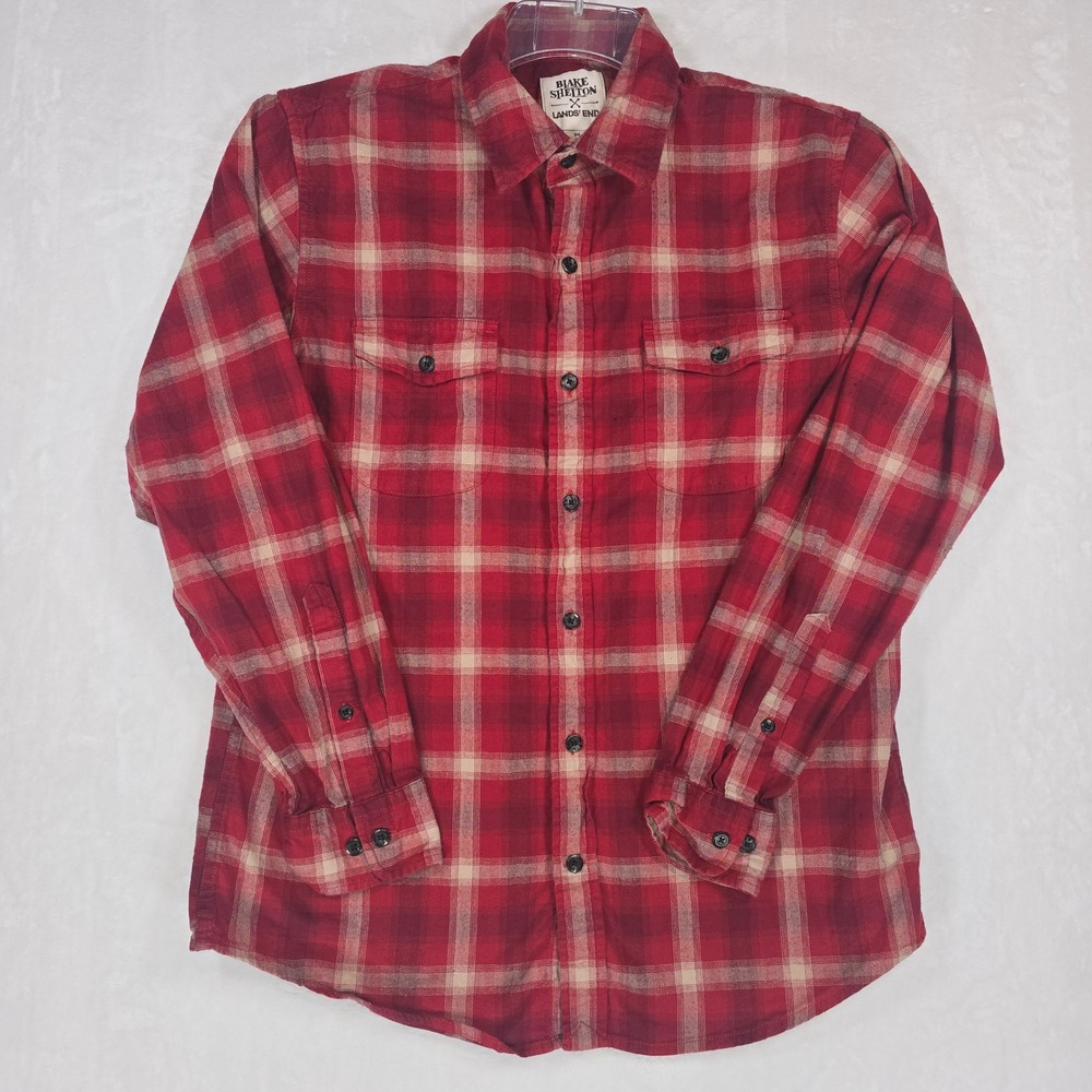 Blake Shelton x Lands End Mens Red Plaid Flannel Button Down Shirt Size M